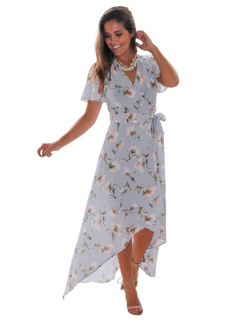 NWT Benny + Olive Cotton Light Blue Floral Greta Wrap Hi-Low Maxi Dress (S)
